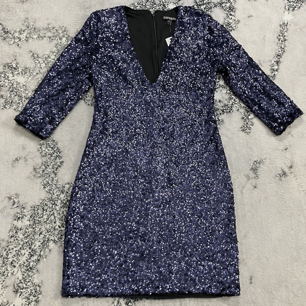 Express Sequin Mini Dress Womens Size 4‎ Purple Blue V Neck Bodycon Party